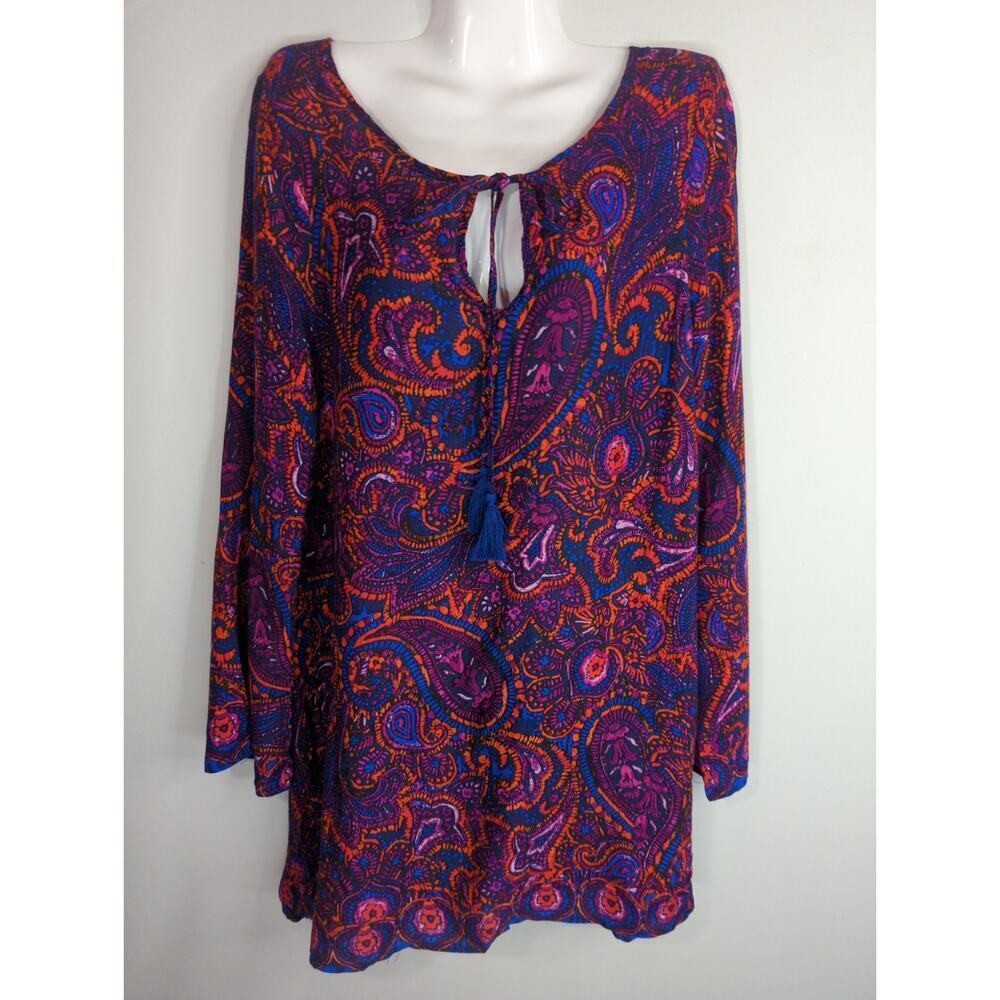 Mabel Navy Orange & Blue Paisley Tasseled Neck Tunic Top Women Large Boho NWT